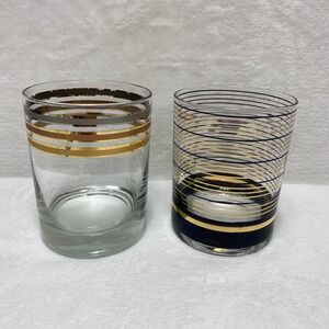 Set of 2 VTG Culver Striped Black & 22k Gold MCM Whiskey‎ Lowball Glasses MCM
